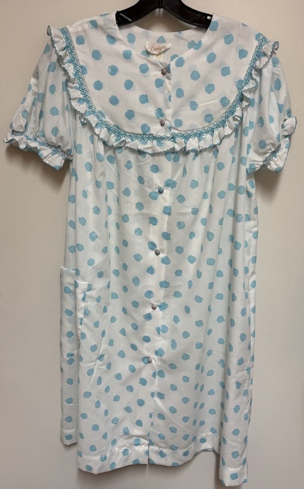 Vintage Barbizon Seraphim Batiste Blue White Polka Dot Nightgown House Dress Lg