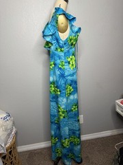 VTG 7Os POMARE Hawaiian Maxi Long Dress Sz M 12 Blues and Greens