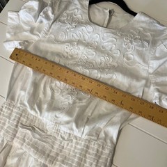 Vintage White Cotton Embroidered Midi Dress Puffed Sleeve Beaded Drop Waist