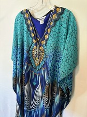 Vtg 90s Flowy Vacation Kaftan Day Dress Mrs. Roper OSFM Teal gold leopard