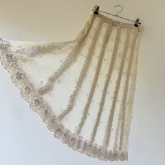 Vintage Hand Crochet Ivory Cotton Lace Maxi Skirt with Rosette Details