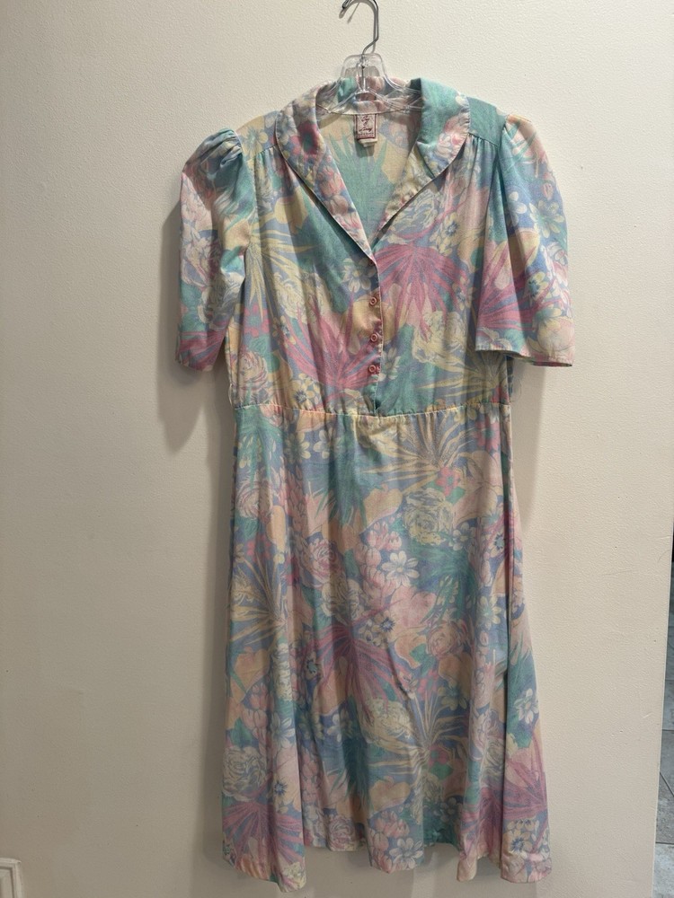 VTG 1980s Pastel Floral Sue & Lenny Shirtwaist Midi Dress Cottage Core Granny