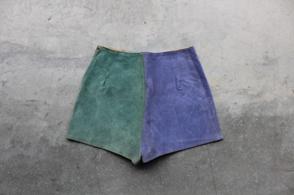 Vintage 60s 70s Blue Green Color Block Leather Suede shorts sz 28×13