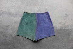 Vintage 60s 70s Blue Green Color Block Leather Suede shorts sz 28×13