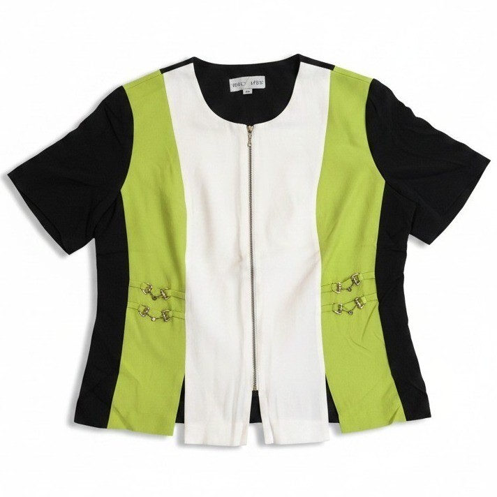 Betsy’s Things Vintage 90s Colorblock Horsebit Zip Front Top Lime Green Black 16