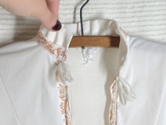 Vtg 60s Nylon Lingerie Top Gold Trim Thin Loop Bow High Collar Pinup S M B36 MCM