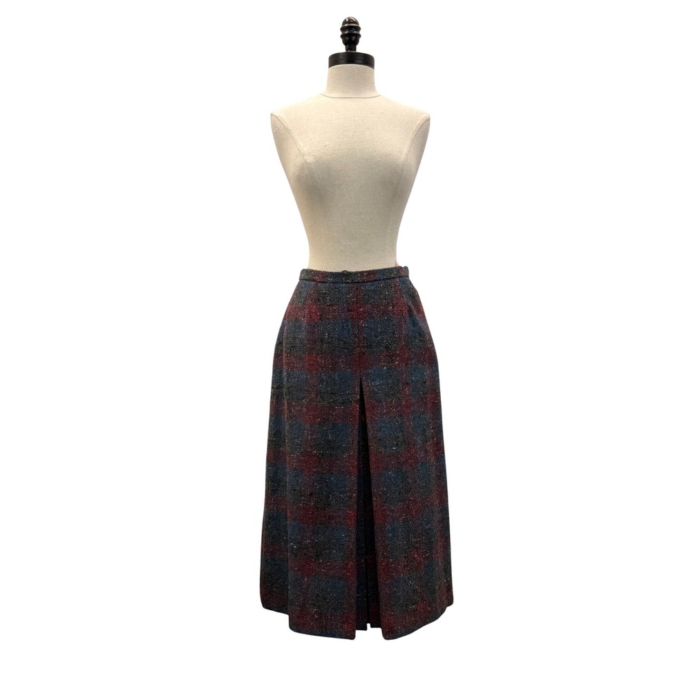 Martinique Midi Skirt Women 14 Blue Burgundy Good Wool Blend Plaid Tweed Vintage