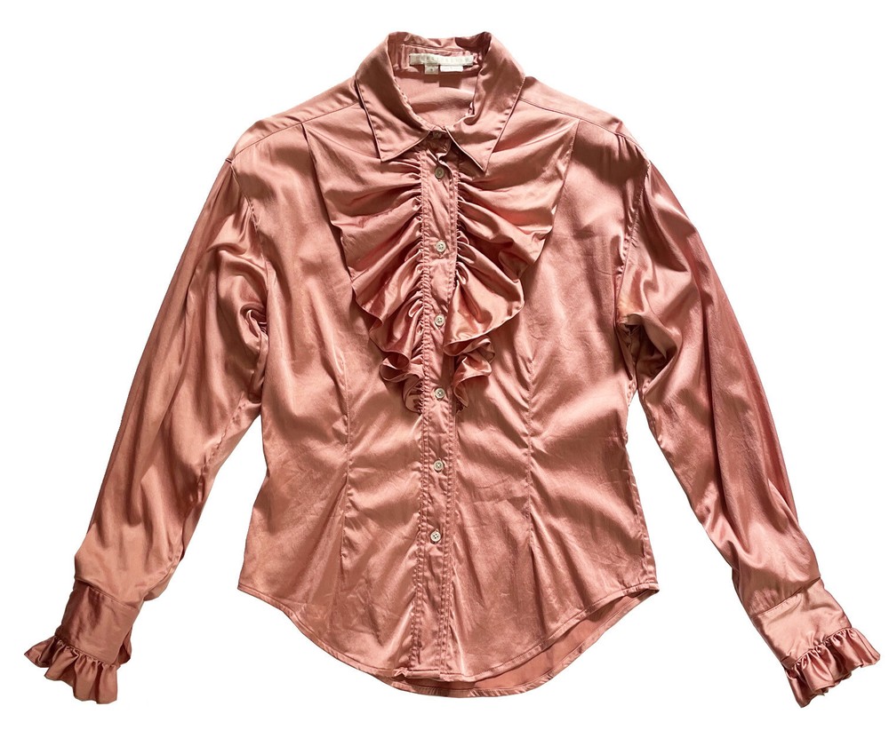 PERRY ELLIS Ruffle Blouse Stretch Silk Charmeuse Button Dusty Rose Sz 8 Vintage