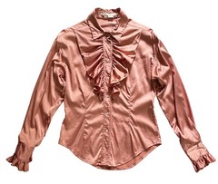 PERRY ELLIS Ruffle Blouse Stretch Silk Charmeuse Button Dusty Rose Sz 8 Vintage