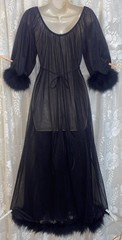 VTG NWOT M GLAM Black JENELLE DB Sheer Chiffon Nylon Nightgown Negligee MARABOU