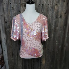 Vintage Small Oleg Cassini Women’s Pink Silk Sequin Beaded Sequin Top Blouse
