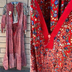 Gunne Sax Prairie Maxi Dress Red Floral Corset Lace Cottagecore Size 11 Vintage