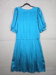 Vintage 80s Silk Teal Dress Size 8 Argenti Pleated Drop Waist Satin 3/4 Sleeve