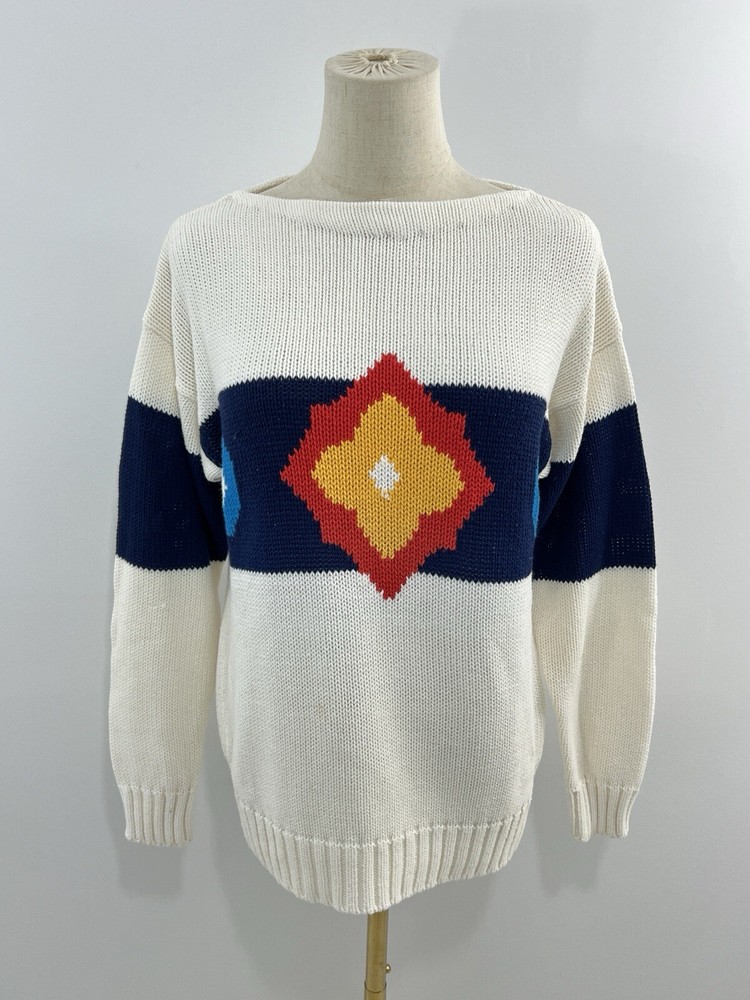 VTG 80s Jantzen Womens Sweater Cotton Boatneck Colorblock Geometric Flower