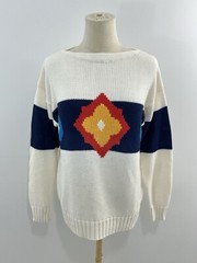 VTG 80s Jantzen Womens Sweater Cotton Boatneck Colorblock Geometric Flower