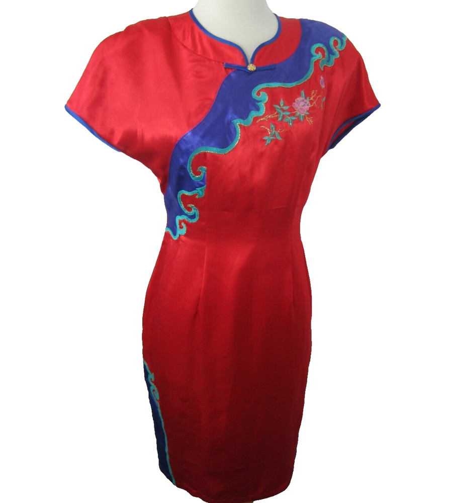 Vtg 60s-70s Silk Dress Red Cheongsam Qipao Wiggle Dress Embroidered Size Large