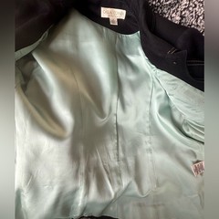 Vintage Navy Blazer Reverse Stitch Gold Tone Buttons Silky Mint Green Lining EUC