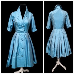 Rare VTG 50s Marie Leavell Aqua Blue Silk Shirt Dress Mid Century Boutique/Pleat