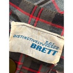 Vtg Distinctively Miss Brett Plaid Midi Dress Rockabilly Dark Academia Red Grey