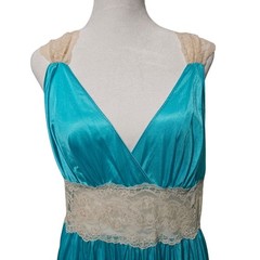 Vtg 70s Gilead Teal Nylon Nightgown Plunging V Back Lace Empire Waist Sz Medium