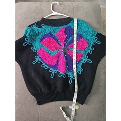 VTG Jaclyn Smith Knit Sweater L Black Teal Pink Abstract Beaded Butterfly 80s 90