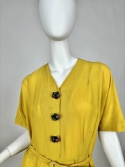 Vintage 1930s 1940s Yellow Rayon Dress with Strawberry Novelty Buttons AS IS
