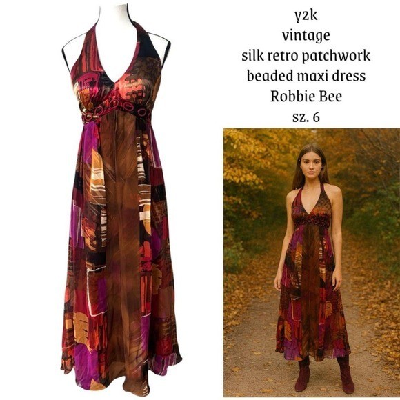 y2k vintage Retro Patchwork Silver beaded halter Maxi Dress sz. 6 medium