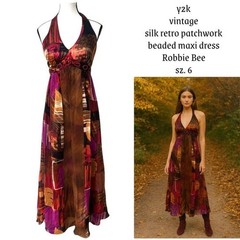 y2k vintage Retro Patchwork Silver beaded halter Maxi Dress sz. 6 medium