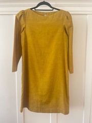 60s-70s Vintage Hand Sewn Mustard Yellow Puff Sleeve Shift Dress MEDIUM