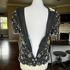 Vtg Laurence Kazar New York Evening Top Large Black Silver White Beaded Sequin