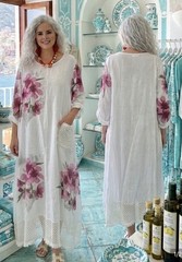 100% Linen Rashasworld White Flowers Embellished Long Gorgeous Dress Italy O/S