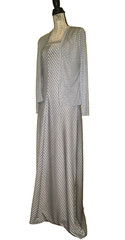 VTG 70s Strait Lane 2 Pc Disco Polyester Maxi Dress & Jacket Silver White Sz 8