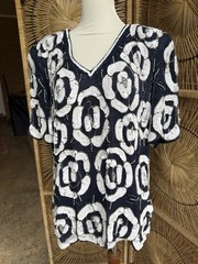 Vintage Stenay 100% Silk Beaded Top Blue Size 1X (L)Plus Size Retro Boho Blouse