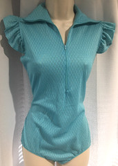 Vtg Blue Diamond Print Nylon Bodysuit Zip Wide Collar Top M USA