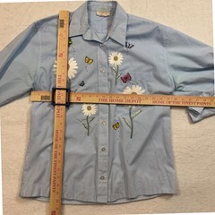 Vintage 90s Tia Designs Blue Striped Embroidered Butterfly Daisy Lace Shirt L