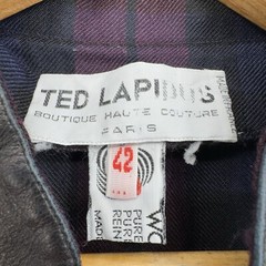 Ted Lapidus Couture Women’s Coat Navy Burgundy Plaid Leather Trim FR 42