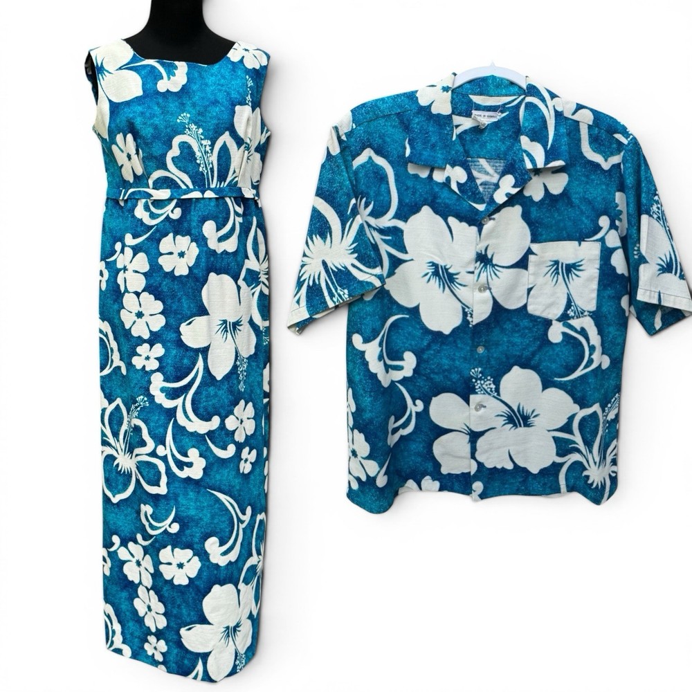 Vintage Karen Ann Hawaii Honeymoon Set His Hers Matching Dress Shirt Blue Floral