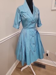 Rare VTG 50s Marie Leavell Aqua Blue Silk Shirt Dress Mid Century Boutique/Pleat