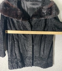 VTG Black Persian Lamb Broadtail Coat Mink Fur Collar Glam Classic S/M Old Money