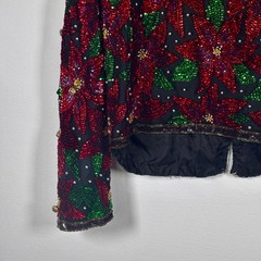 Vintage Laurence Kazar XL Red Sequin Poinsettia Silk Beaded Christmas Jacket