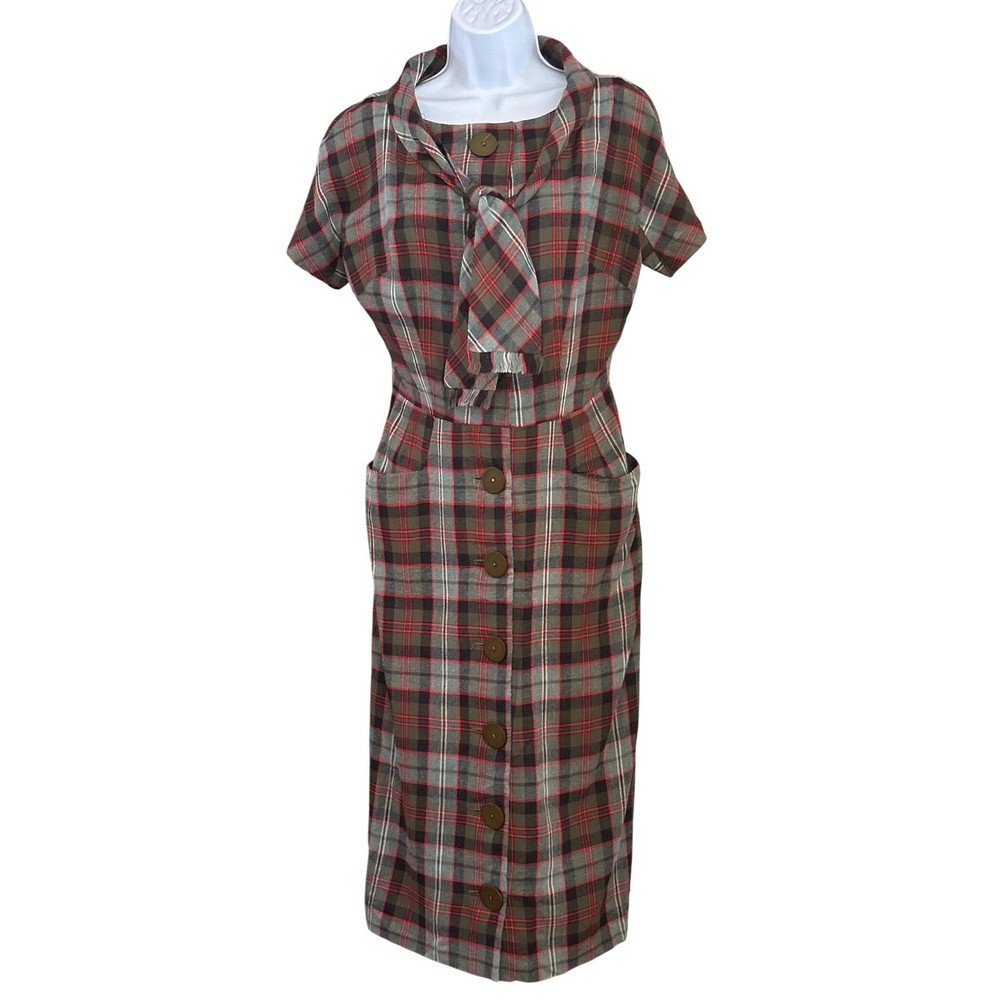 Vtg Distinctively Miss Brett Plaid Midi Dress Rockabilly Dark Academia Red Grey
