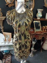Lillie Rubin Vintage Black Gold Beaded Sequin Semi-Open Back Silk Dress Size 6