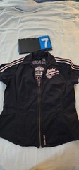 Harley-Davidson Women’s Black Pink Striped Full Zip Short Sleeve Collared Top