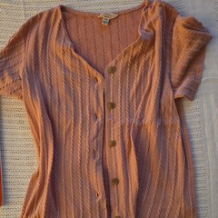 Weatherproof Vintage Pink Button-Up Short Sleeve Sweater S/CH Polyester Rayon
