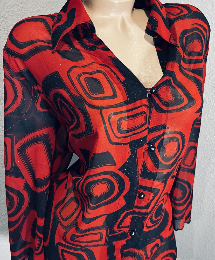 Vtg Dressbarn Red Black Retro Print Glitter Sheer Blouse Top Lady Plus 3X