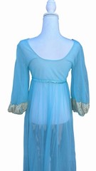 Vintage 1960s Blue Nylon Peignoir Robe With Chantilly Lace Juliette Style