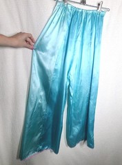 Vtg 50s 60s Satin Wide Leg Pajama Pants Sky Blue Pink Piping Asian Flat Front S