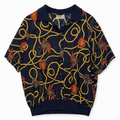 Lauren Lee Vtg equestrian Top Navy Nautical Crest Scarf Print Luxury Baroque XL
