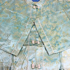 Vintage 50s Brocade Silk Tang Jacket Sz Sm Garden Scene Turquoise NEWLOOK Label