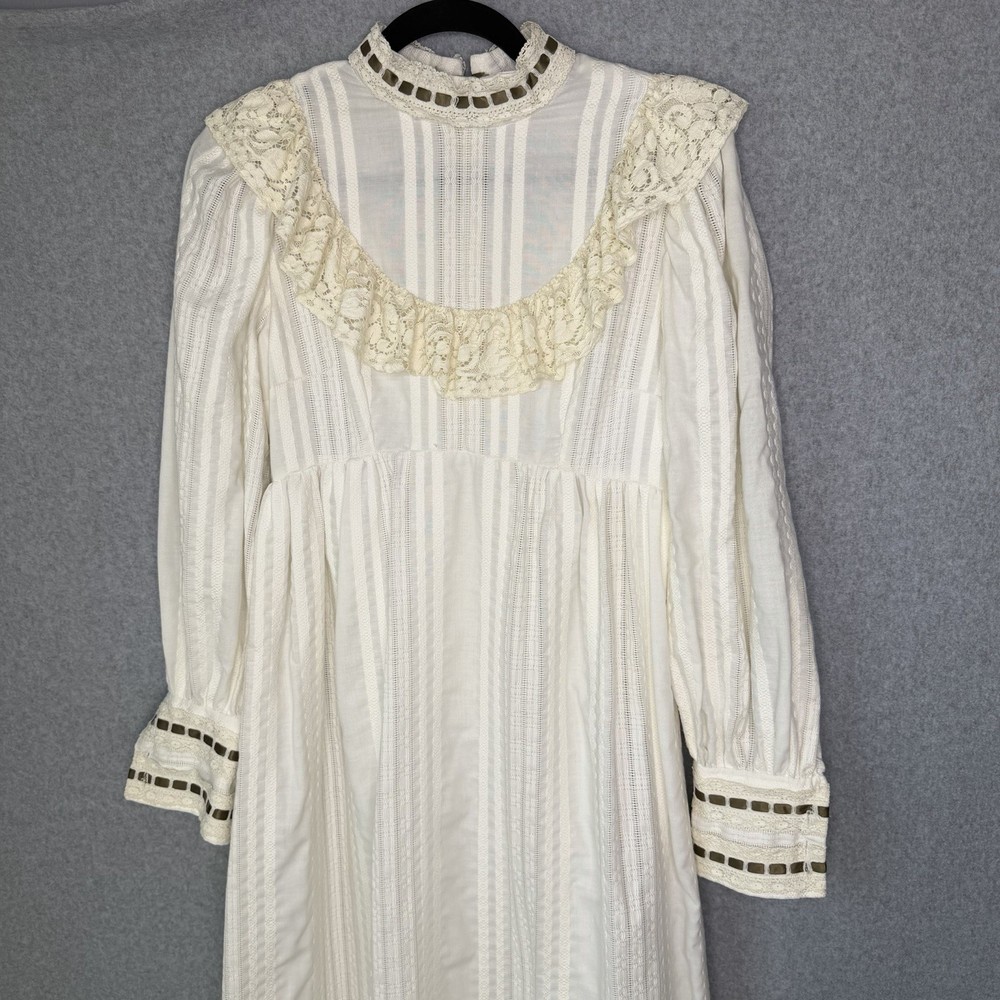 Vintage Dress 70s Gunne Sax Style Edwardian White Lace Cream High Neck Prairie S